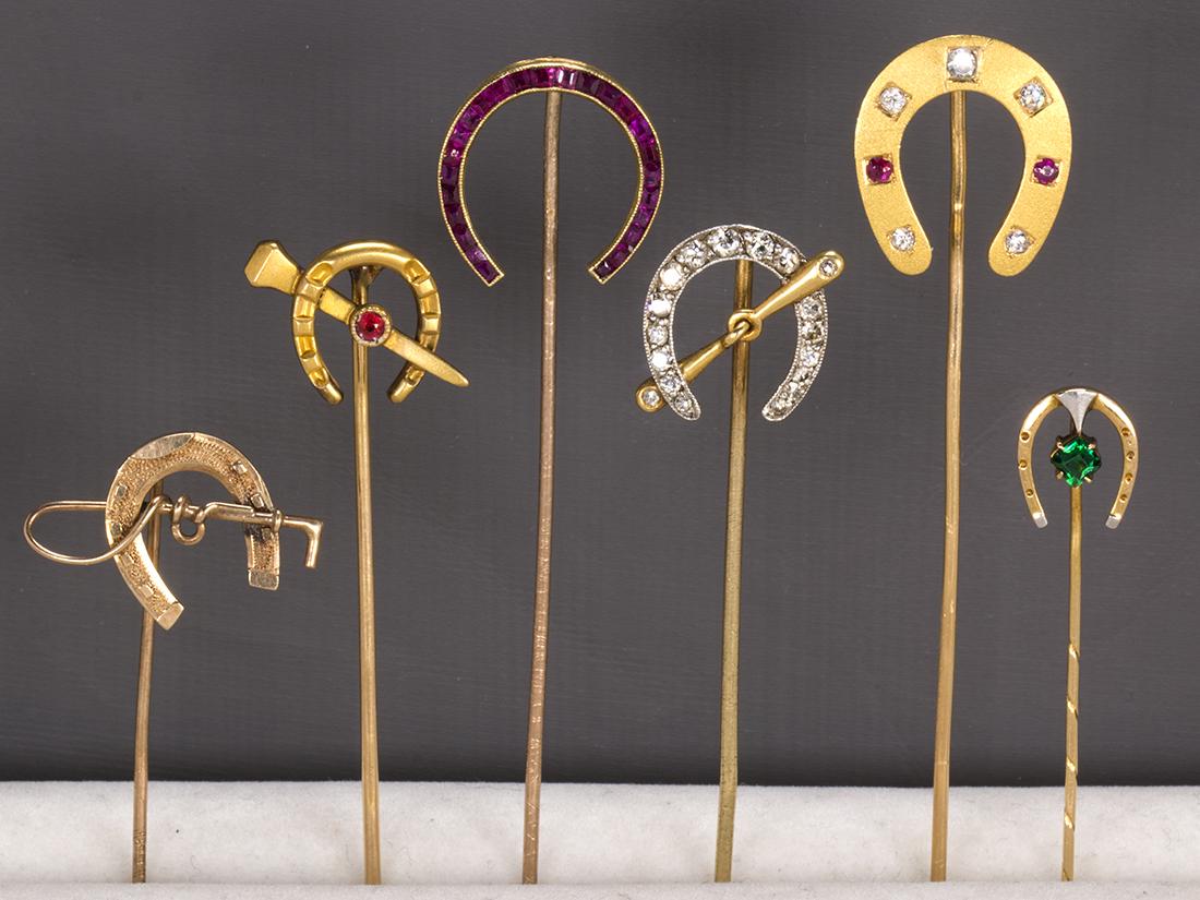 (Lot of 6) Multi-stone and yellow gold stickpins (1 of 2)