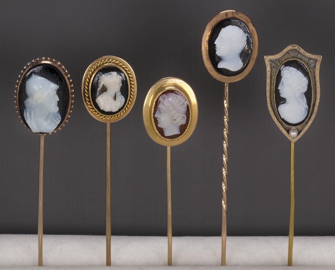 (Lot of 5) Hardstone cameo and 14k gold stickpins (1 of 3)