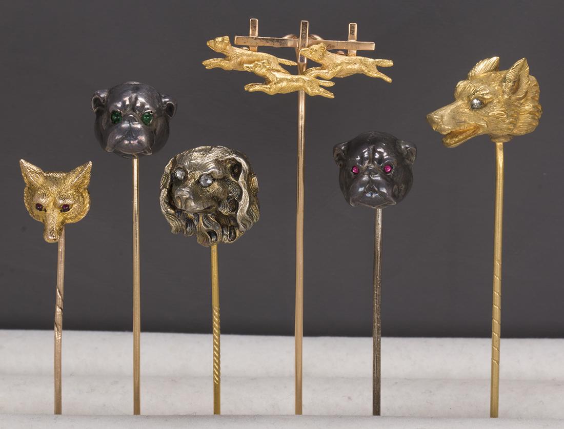 (Lot of 6) Multi-stone gold and silver stickpins (1 of 3)