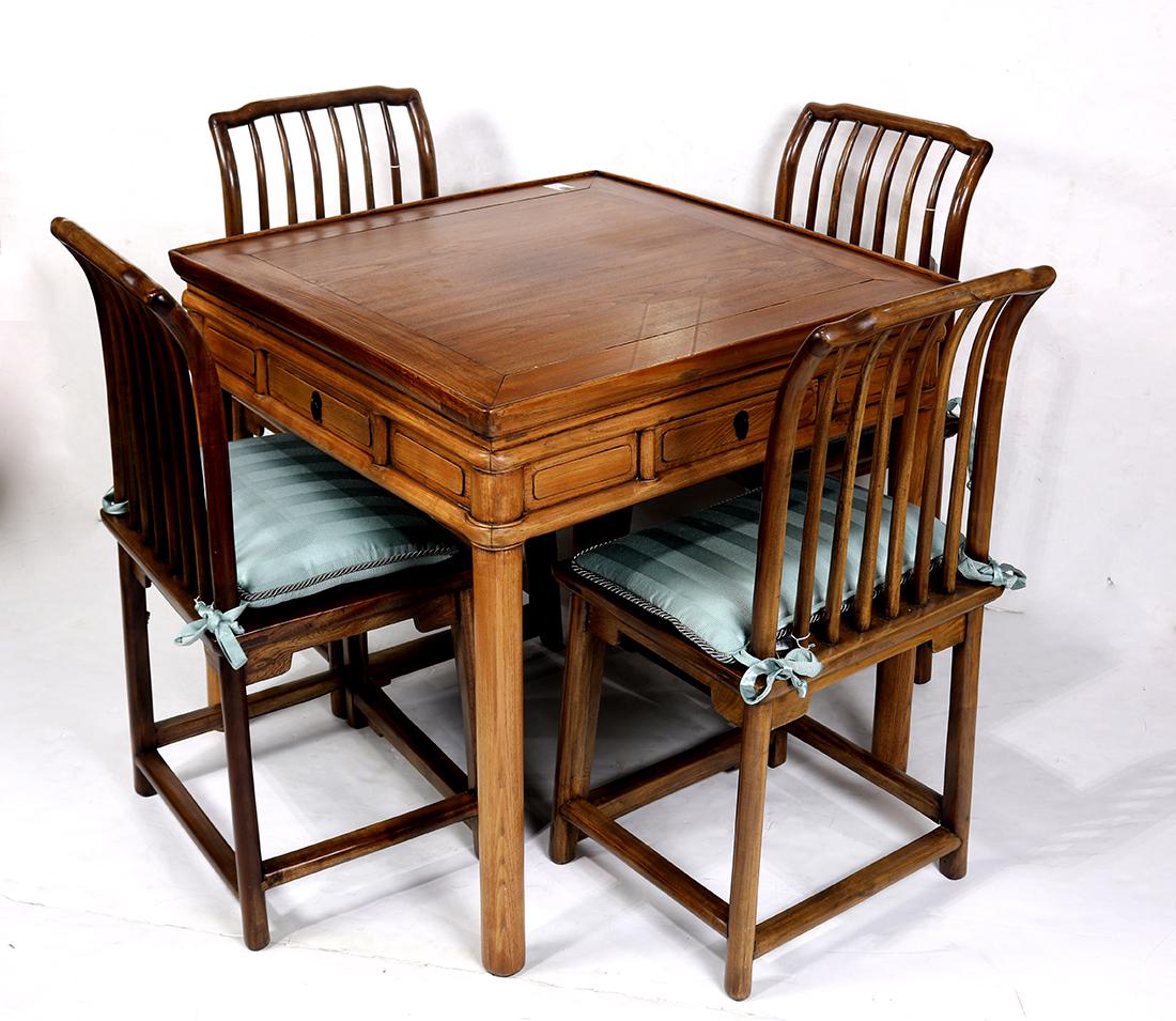 Chinese Game Table and Chairs: (lot of 5) Chinese wooden game table, with a removable top set on a square table with drawers; together with four chairs each with a railed back, table: 31.5"h × 31.5"w × 31.5"d