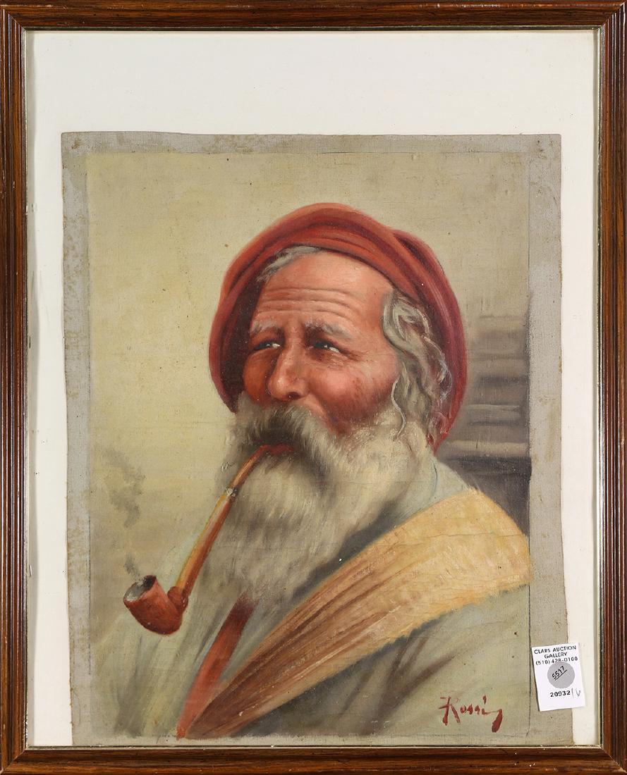 Painting, Bearded Man with Pipe: Bearded Man with Pipe, oil on canvas (without stretcher bars), signed "Rossi" lower right, 20th century, overall (with frame): 21.5"h x 17.5"'w
