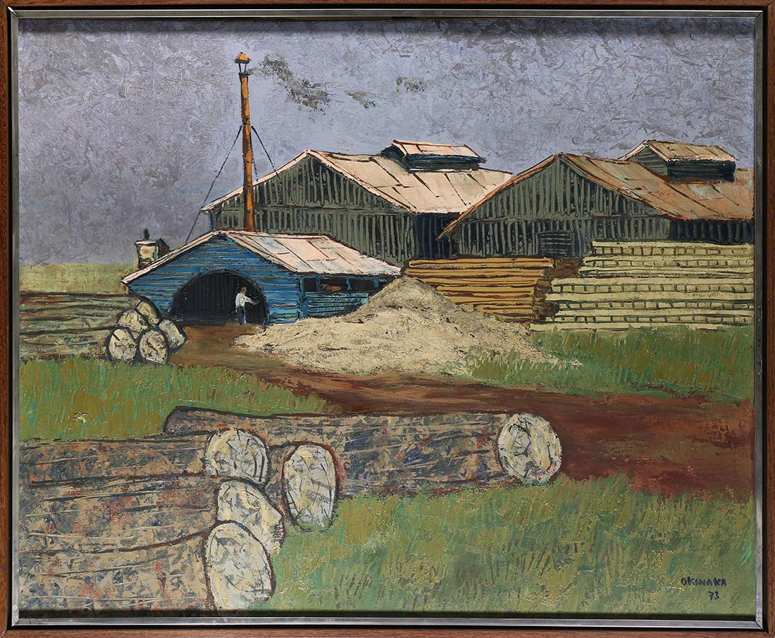 Painting, Massao Okinaka: Massao Okinaka (Japanese, 1913-2000), Lumber Mill, 1973, oil on canvas, signed and dated lower right, overall (with frame): 24.75"h x 30"w