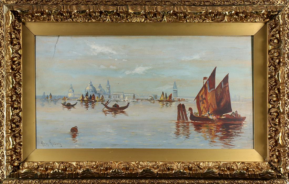 Benjamin Raborg: Benjamin Raborg (American, 1871-1918), Venice, oil on cardboard, signed lower left, overall (with frame): 18"h x 28.5"w