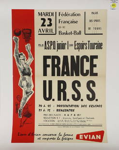 Vintage Poster, Paul Ordner: Paul Ordner (French, 1900-1969), "ASPO junior 1 contre Espoirs Touraine," circa 1962, vintage lithographic poster on linen, plate signed lower left, overall (with linen): 27"h x 20"w