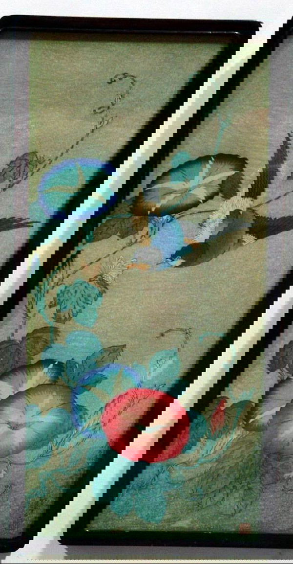 Japanese woodblock print, 1930s: Framed Japanese color woodblock print, depicting a bird hovering near red and blue morning glory flowers, 1930s, signed/sealed lower right, very minor toning to reverse, not laid down. 14 3/8 x 6 7/8"