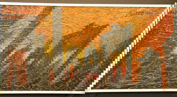 Framed Mixed Media: Framed mixed media, Gates, by Pascal Cucaro (American 1915-2004) signed upper right, 24" x 48"