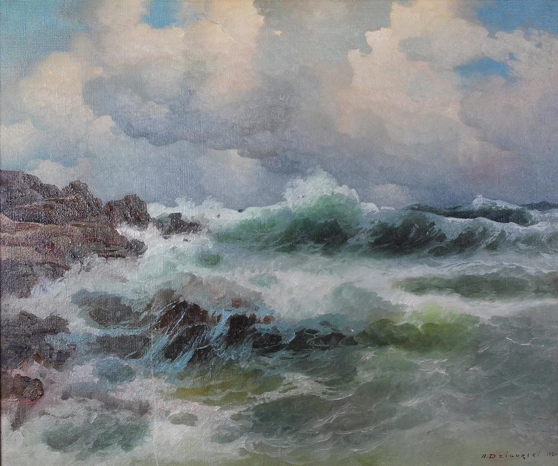 Painting, Alexander Dzigurski: Alexander Dzigurski (American, 1911-1995), Coastal Scene with Waves, 1950, oil on canvas, signed and dated lower right, canvas: 25"h x 30"w, overall (with frame): 34.5"h x 39.5"w