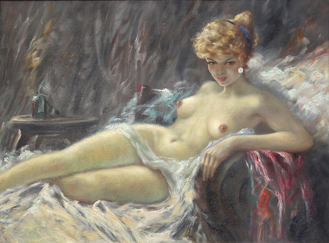 Painting, Jean Gabriel Domergue: Jean Gabriel Domergue (French, 1889-1962), Reclining Nude, oil on canvas, signed lower right, canvas: 24"h x 32"w, overall (with frame): 30.25"h x 38.25"w