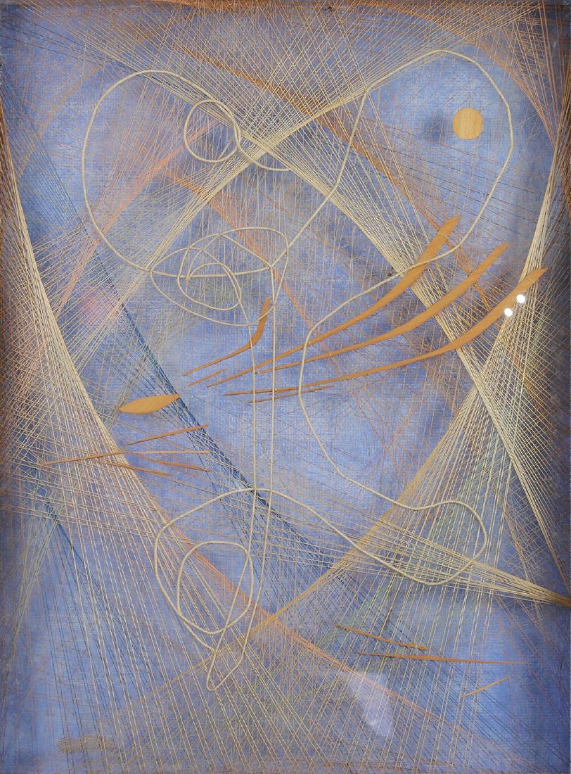 Mixed media, Sue Fuller: Sue Fuller (American, 1914-2006), "String Composition, #12," 1948, string wood and painted board, titled, dated and signed verso, sight: 23.5"h x 17.5"w, overall: 25.75"h x 19.75"w