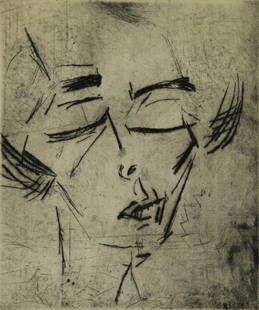 Print, Lasar Segall: Lasar Segall (Brazilian/Lithuanian, 1891-1957), "Portrait of Mary Wigman, drypoint etching, pencil signed lower right, titled lower left, Gumps Gallery label affixed verso, image: 9.25"h x 7.75"w, ove