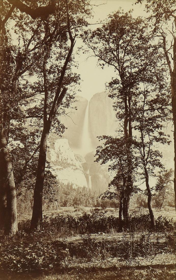 Photograph, Carleton E. Watkins: Carleton E. Watkins (American, 1829-1916), "Yosemite falls from Camp Grove," circa 1880, albumen print, unsigned, sight: 12"h x 7.75"w, overall (with frame): 25"h x 21"w