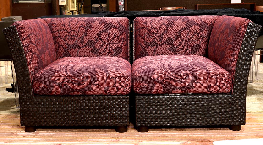 (lot of 2) Orlando Diaz-Azcuy for McGuire San Francisco: (lot of 2) Orlando Diaz-Azcuy for McGuire San Francisco corner chair sectionals model WS-37, in two parts, having blush upholstery with stylized floral designs, above the mocha rattan frame, rising on