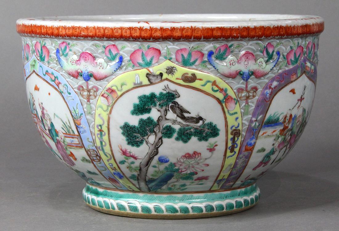Chinese Porcelain Planter: Chinese enameled porcelain planter, molded with petals decorated with figures and bird-flower motifs, accented by bats and peaches (staple repair), 11"w; Provenance: Estate of Reynold Tom of Oakland, 