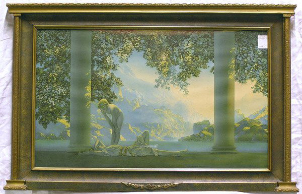Vintage Print Daybreak Parrish: Framed vintage print, ''Daybreak,'' after Maxfield Parrish, printed by the House of Art, New York, overall: 23 3/4''H x 36 3/4''W, sight: 17 3/4''H x 29 1/4''W.