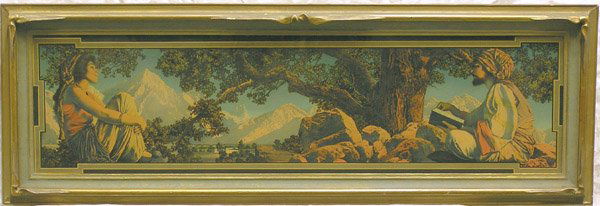 Vintage Print Rubaiyat Parrish: Framed vintage print, ''Rubaiyat,'' after Maxfield Parrish, published by C.A. Crane, Cleveland, 1917, Reinthal and Newman, New York impressed seal lower left, overall: 11 1/2''H x 33 1/4''W.