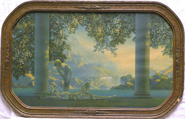 Vintage Print Daybreak Parrish: Framed vintage print, ''Daybreak'', after Maxfield Parrish, published by The House of Art, New York, overall: 21 1/4''H x 33 1/4''W.
