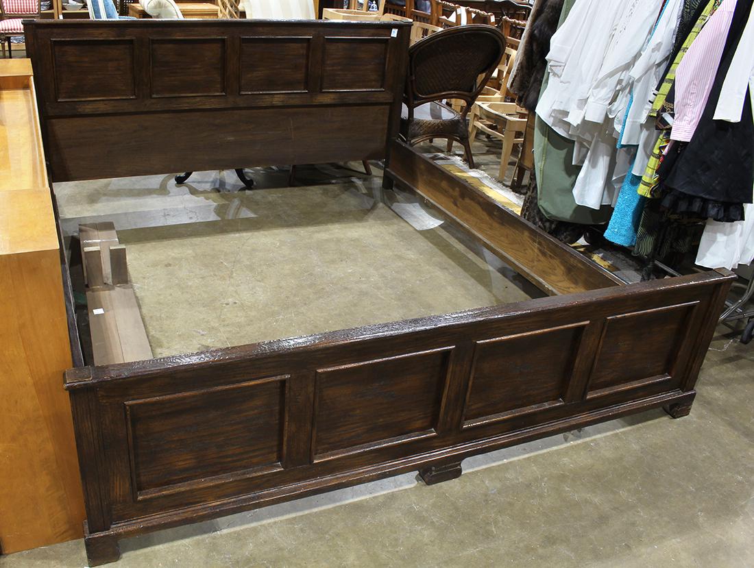 Spanish Revival style king size bed, the rectangular: Spanish Revival style king size bed, the rectangular frame with inset panel headboard, 3'3''h x 6'7''w x 7'9''d