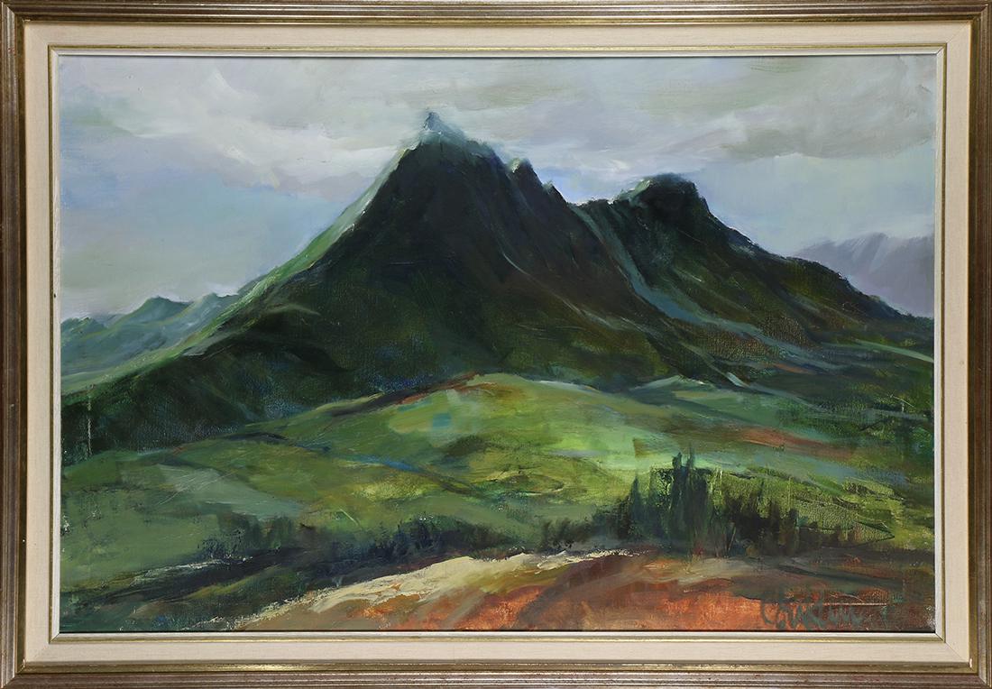 Painting, Misty Mountains: Hawaiian School (20th century), Misty Mountains, oil on canvas, signed indistinctly lower right, inscribed "Lomana" verso on stretcher bar, overall (with frame): 28"h x 40"w