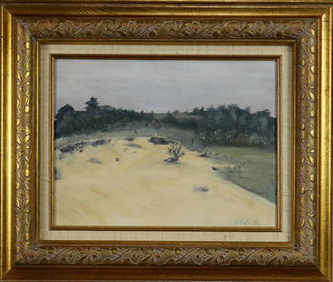 Painting, Hanson Puthuff: Hanson Puthuff (American 1875-1972), "July Evening," oil on canvas board, signed lower right, titled verso, board: 12"h x 16"w, overall (with frame): 20"h x 24"w