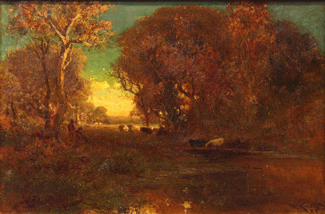 Painting, William Keith: William Keith (American, 1838-1911), Clearing with Figures and Cattle, oil on canvas, signed lower right, canvas: 16.25"h x 24"w, overall (with frame): 21.25"h x 29.25"w