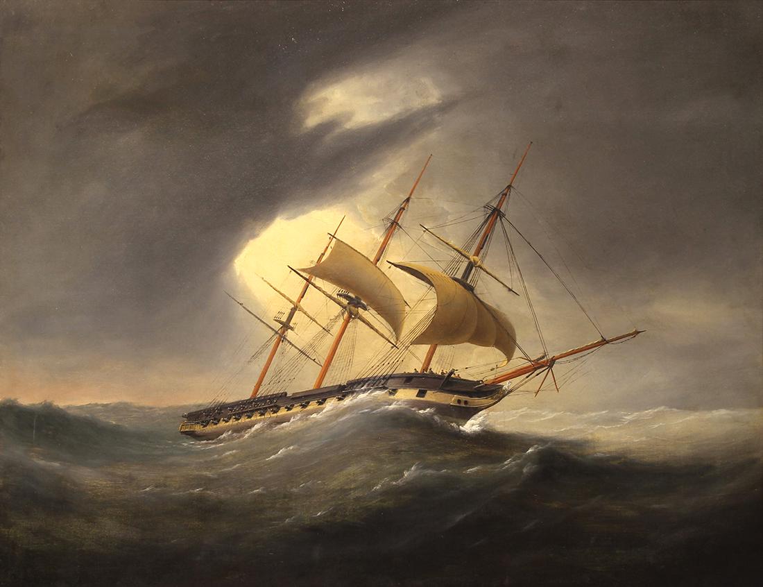 Painting, Thomas Whitcombe: Thomas Whitcombe (British, 1760-1824), Ship in Storm, oil on canvas, signed lower left, canvas: 34"h x 44"w, overall (with frame): 39"h x 49"w