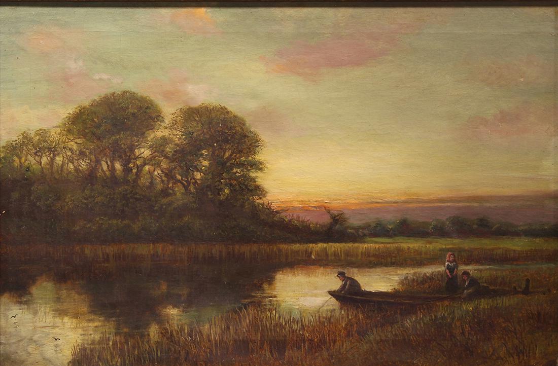 Painting, David Bates: David Bates (British, 1840-1921), "Evening, Backmoor Park, Malvern," 1883, oil on canvas, signed and dated lower right, titled, dated and signed verso, canvas: 20"h x 30.25"w, overall (with frame): 25