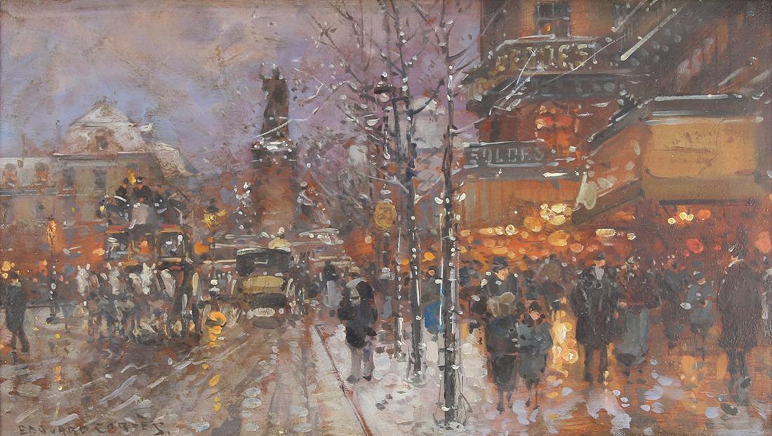 Painting, Follower of Edouard Cortes: Follower of Edouard Cortes (French, 1882-1969), Parisian Street Scene, oil on panel, bears signature lower left, panel 7.25"h x 12.75"w, overall (with frame): 10"h x 15.5"w