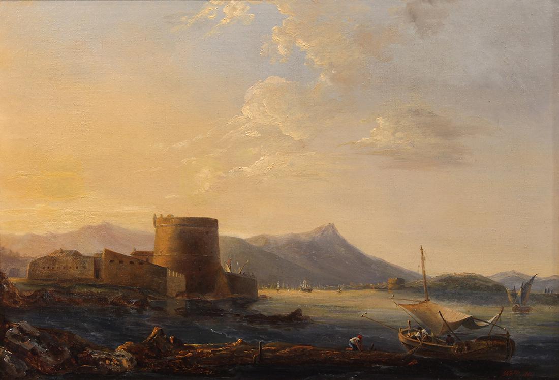 Painting, Lev Felixovich Lagorio: Lev Felixovich Lagorio (Russian, 1827-1905), Mountain Lake Landscape with Castle Ruins and Figures in Boats, 1886, oil on canvas, signed and dated lower right, canvas: 18.75"h x 26"w, overall (with fr