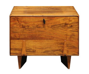 Arthur Espenet Carpenter (1920-2006) Bolinas, CA,: Arthur Espenet Carpenter (1920-2006) Bolinas, CA, walnut cabinet, having a rectangular top, above a hinged front with a locking knob, opening to a fixed shelf interior, and rising on tapered legs, sig