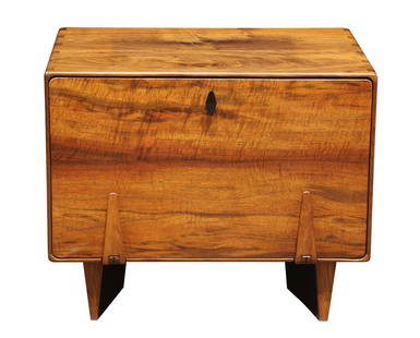 Arthur Espenet Carpenter (1920-2006) Bolinas, CA,: Arthur Espenet Carpenter (1920-2006) Bolinas, CA, walnut cabinet, having a rectangular top, above a hinged front with a locking knob, opening to a fixed shelf interior, and rising on tapered legs, sig