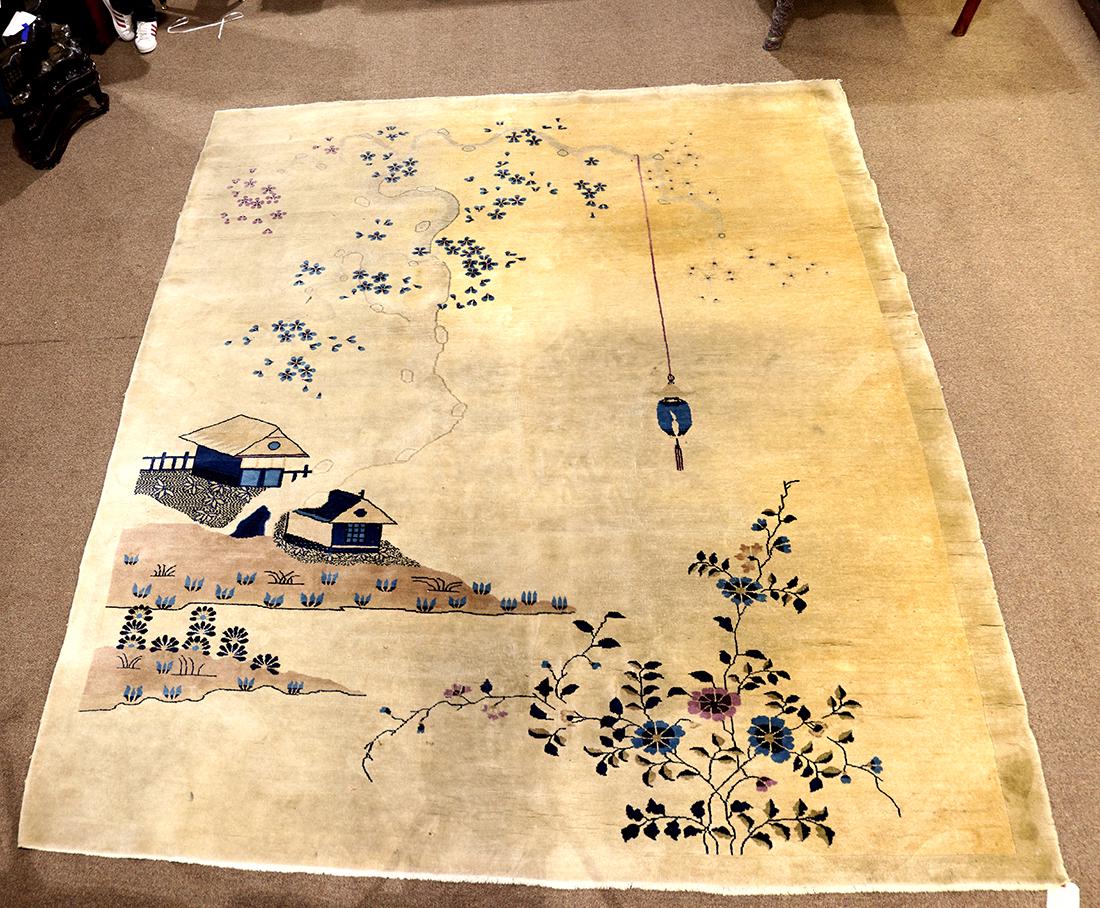 Chinese area rug, depicting a landscape with houses, (1 of 3)