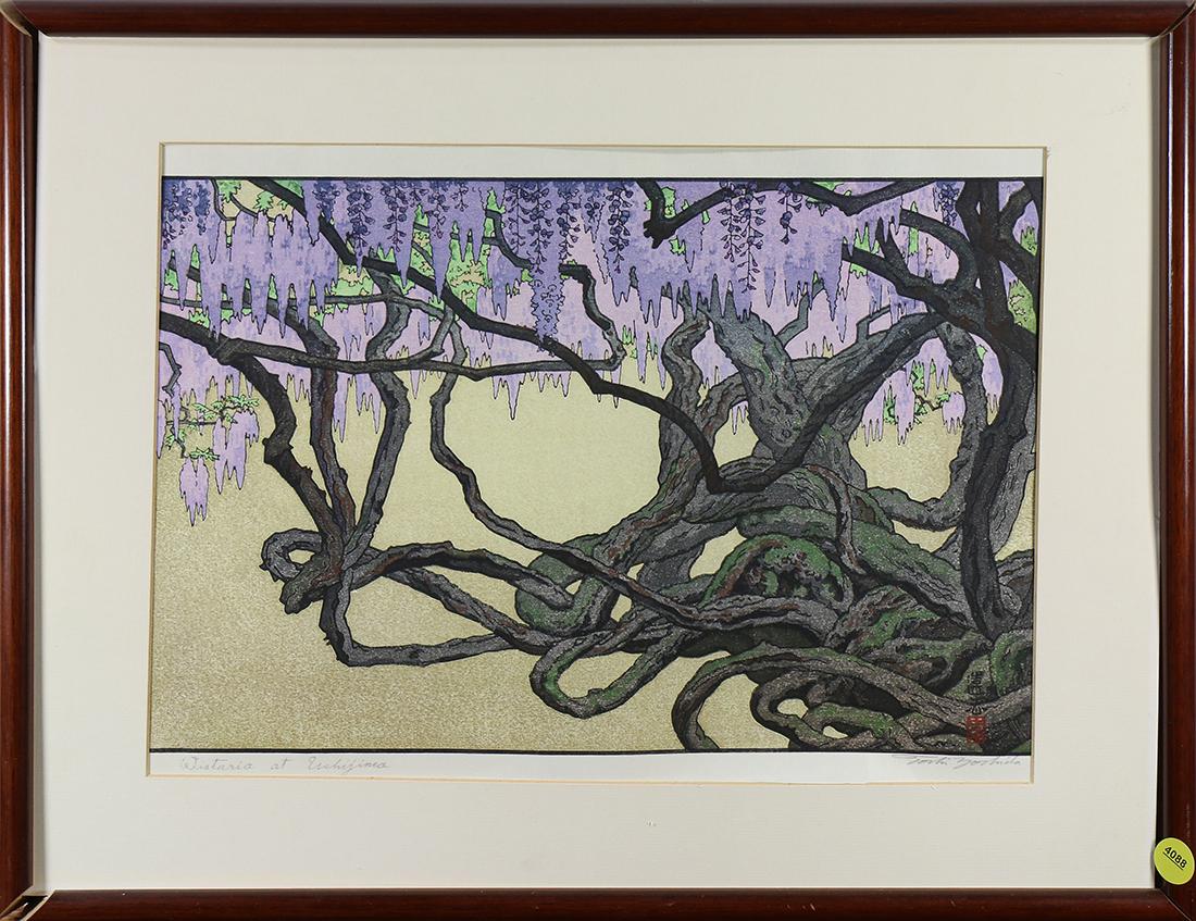 Japanese Woodblock Print, Yoshida Toshi: Yoshida Toshi (Japanese, 1911-1995), 'Wisteria at Ushijima', woodblock print, lower right with the signature and seal, lower margin with the signature and title, left margin with the title in Japanese