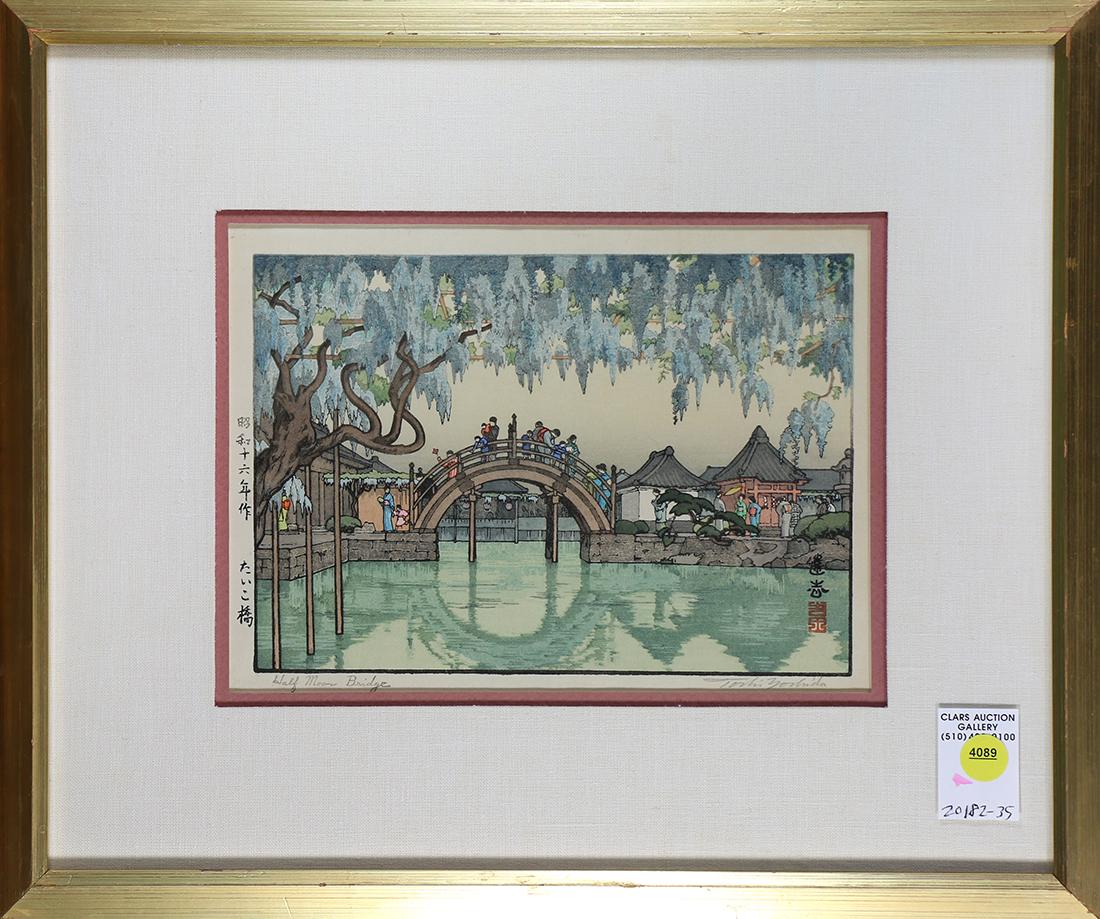 Japanese Woodblock Print, Yoshida Toshi, Half Moon: Yoshida Toshi (Japanese, 1911-1995), 'Taiko Bashi' (Half Moon Bridge), woodblock print, lower right with the signature and seal, lower margin with the signature and the title, left margin with the tit