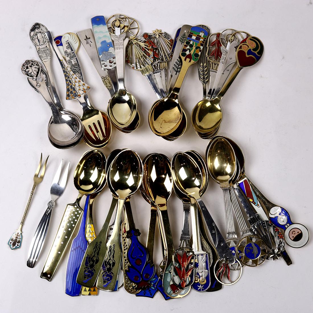 (lot of 46) Danish enameled sterling utensil group, (1 of 2)