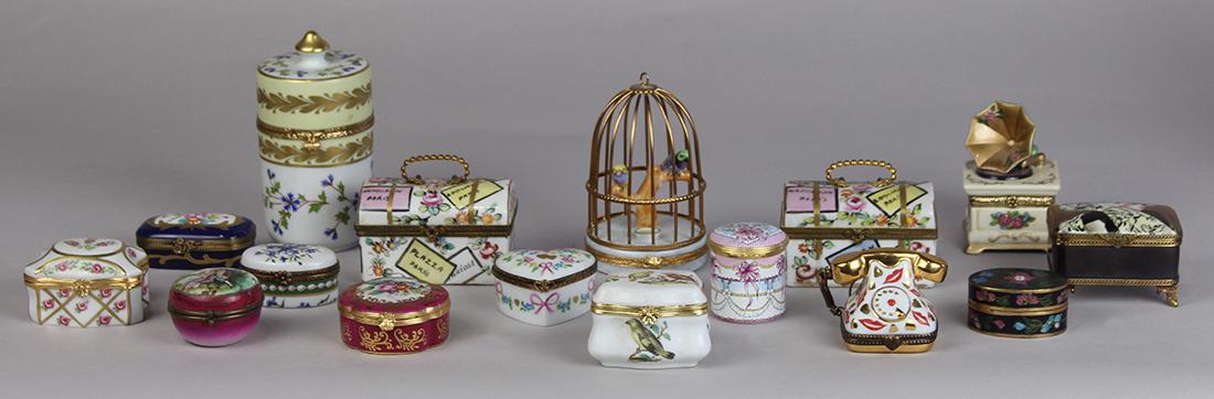 (lot of 16) French Limoges porcelain snuff box group, (1 of 5)