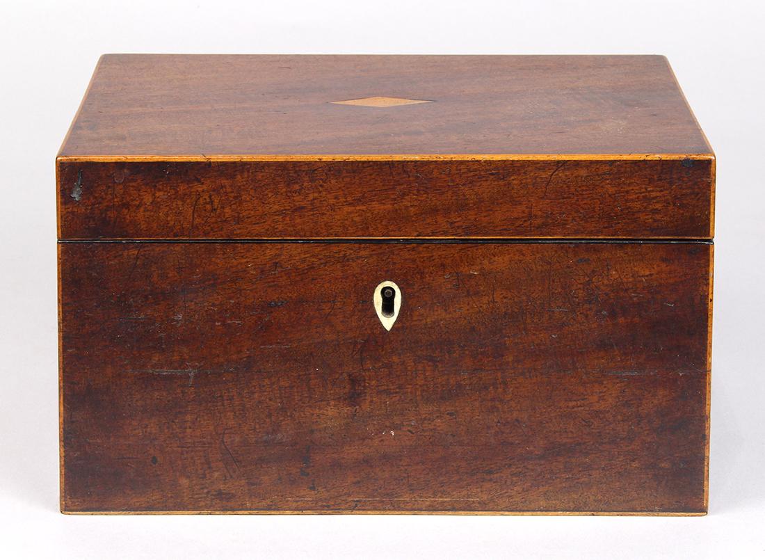 Edwardian mahogany tea caddy, 5: Edwardian mahogany tea caddy, 5.5"h x 9"w x 5.5"d