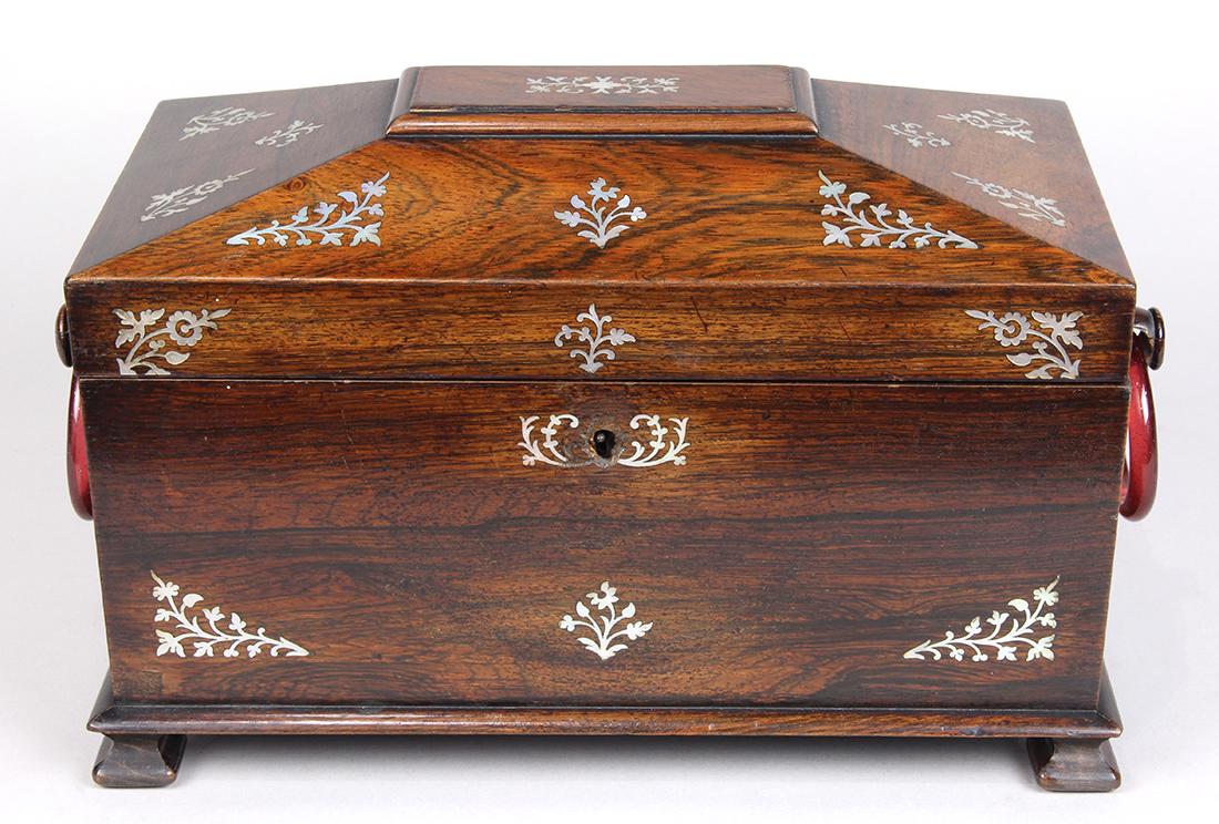 Edwardian rosewood casket form tea caddy, having mother (1 of 7)