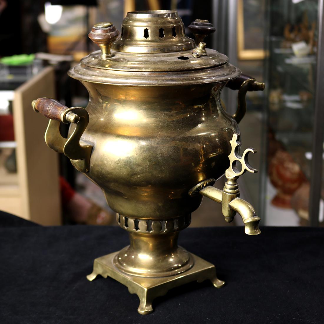 Brass Samovar, the ovoid form flanked by wood turned (1 of 2)