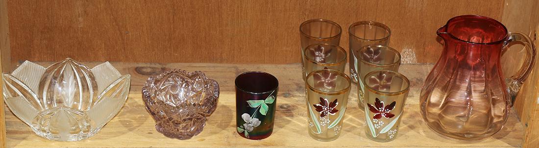 One shelf of glassware including a cranberry glass (1 of 1)