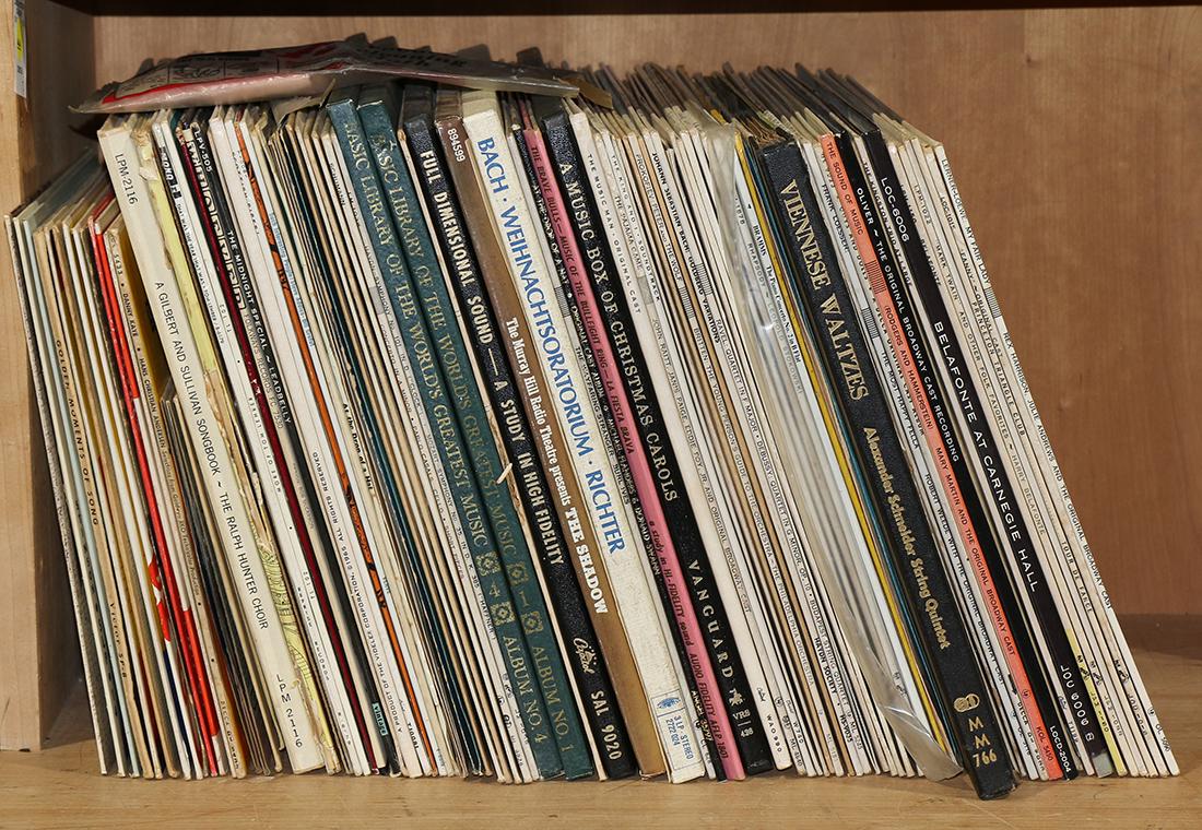 One shelf of records: One shelf of records, mostly relating to Classical music, including Bach and Viennese Waltzes, together with songbooks including Gilbert and Sullivan, etc.