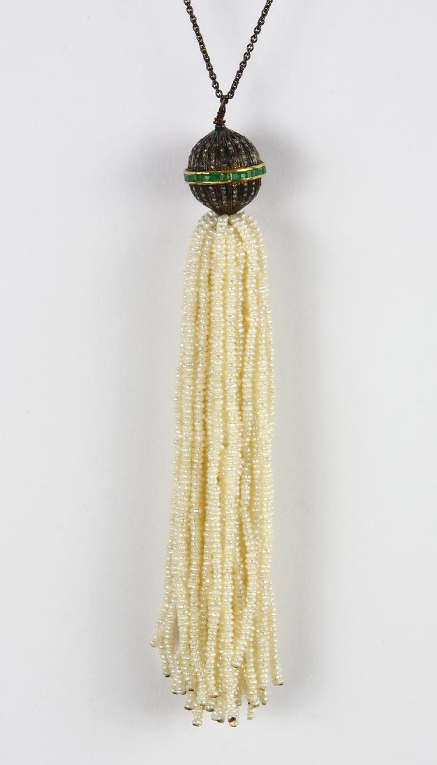 Emerald, diamond, freshwater cultured pearl, blackened (1 of 2)