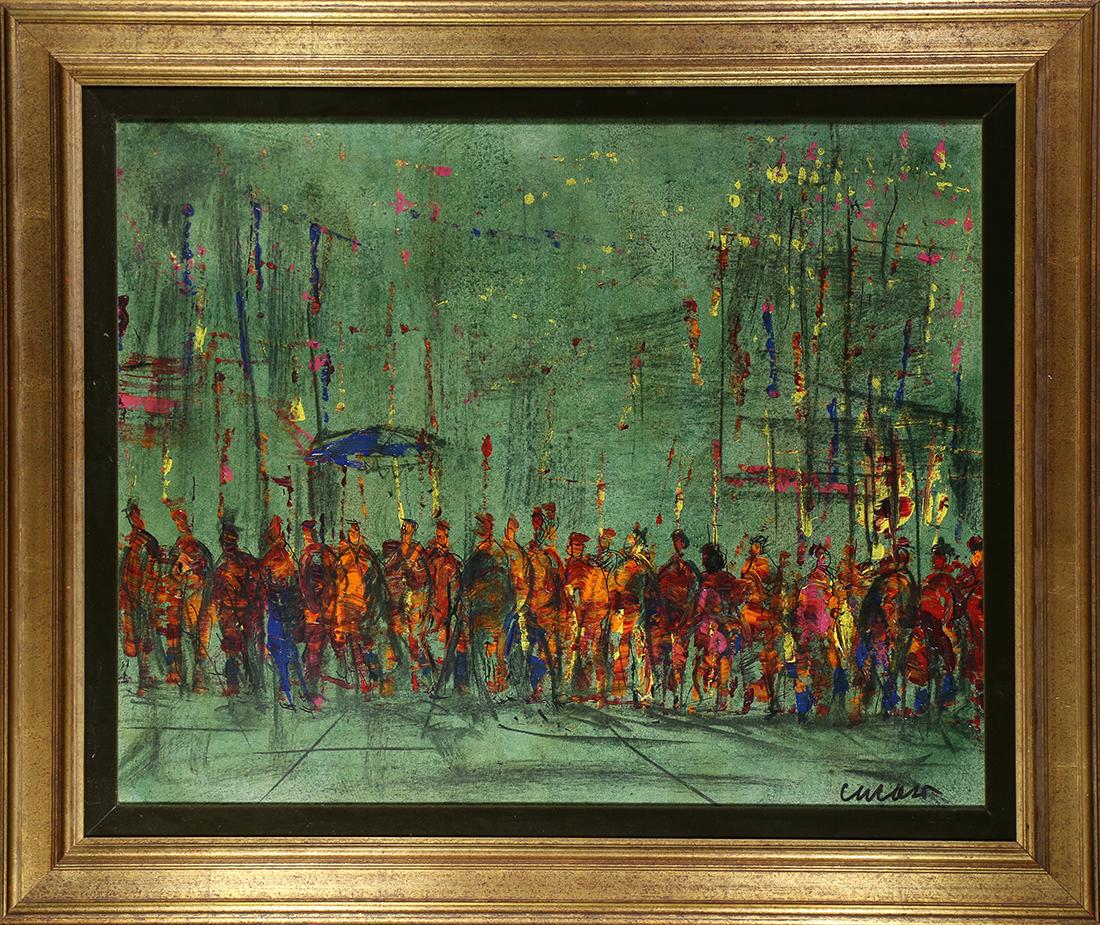 Painting, Pascal Cucaro: Pascal Cucaro (American, 1915-2004), Street Scene with Figures, mixed media on canvas, signed lower right, overall (with frame): 31.5"h x 37.5"w