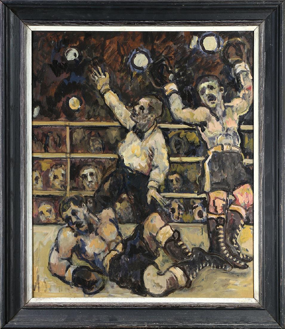 Painting, Arthur Smith: Arthur Smith (American, 1897-1972), Knock Out, oil on board, signed lower right, overall (with frame): 28.75"h x 24.75"w