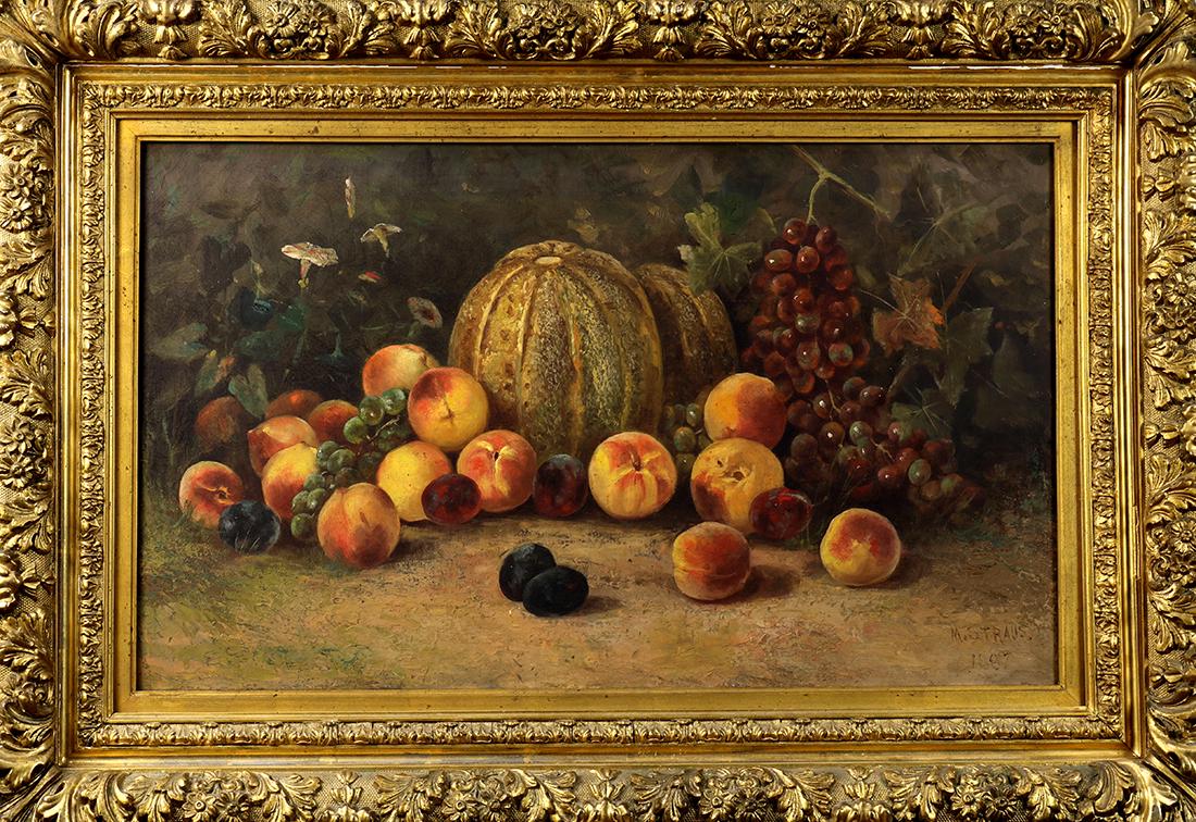 Painting, Meyer Straus: Meyer Straus (American/German, 1831-1905), Still Life with Fruit, 1887, oil on canvas, signed and dated lower right, canvas: 18"h x 30"w, overall (with frame): 27.25"h x 39.25"w