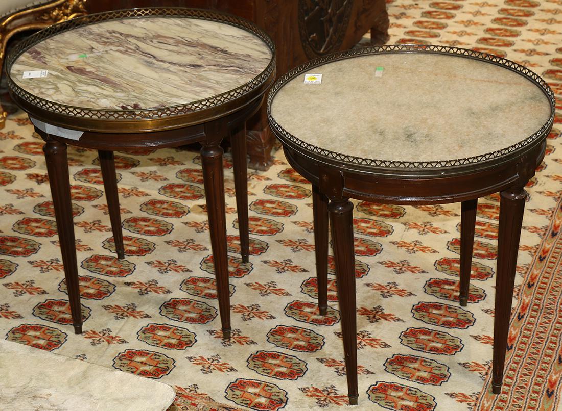 (lot of 2) Louis XVI style gueridons: (lot of 2) Louis XVI style gueridons, each having a marble top with pierced brass gallery, and rising on four tapering legs, 22"h x 20"dia.