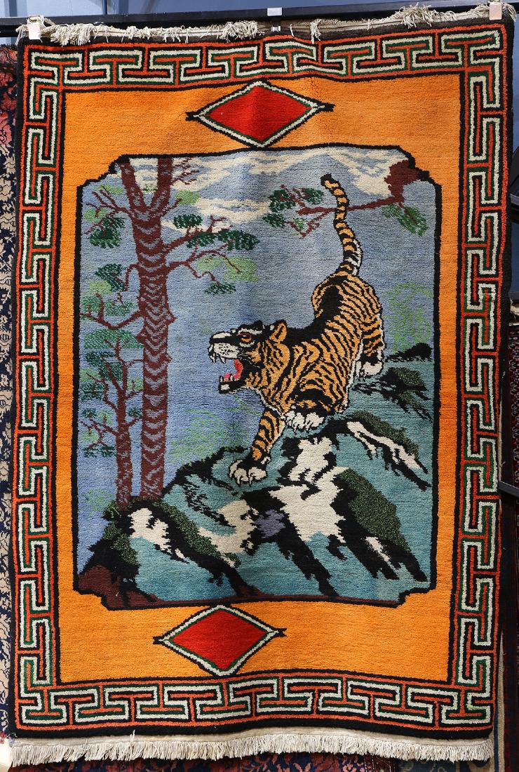 Tibetan or Nepalese scenic carpet depicting a tiger, (1 of 1)