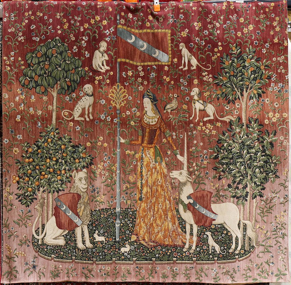 Flemish style tapestry, depicting woman with (1 of 2)