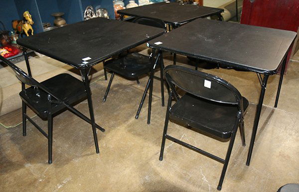 Folding table and chair group: (lot of 20) Folding table and chair group, consisting of (4) folding card tables, each having a black top, together with (16) folding metal chairs