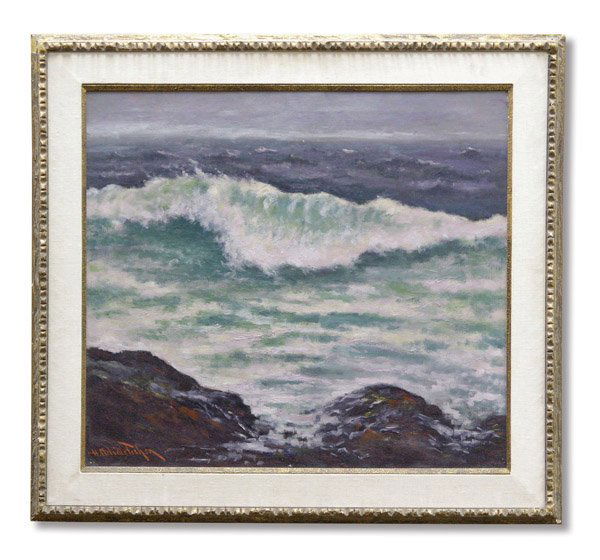 Painting Hugo Fisher California Seascape: Framed oil on canvas, Seascape, by Hugo Melville Fisher (Californian 1878-1946), signed lower left, Poulsen Galleries label affixed verso, sight: 27''H x 30''W