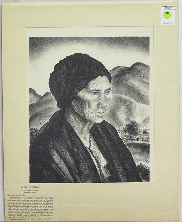 Lithograph Peter Hurd American: Unframed lithograph, ''Dona Nestorita,'' by Peter Hurd (American, 1904-1984), pencil signed lower right, inscribed lower left, published by Associated American Artists, New York, AAA label attached to